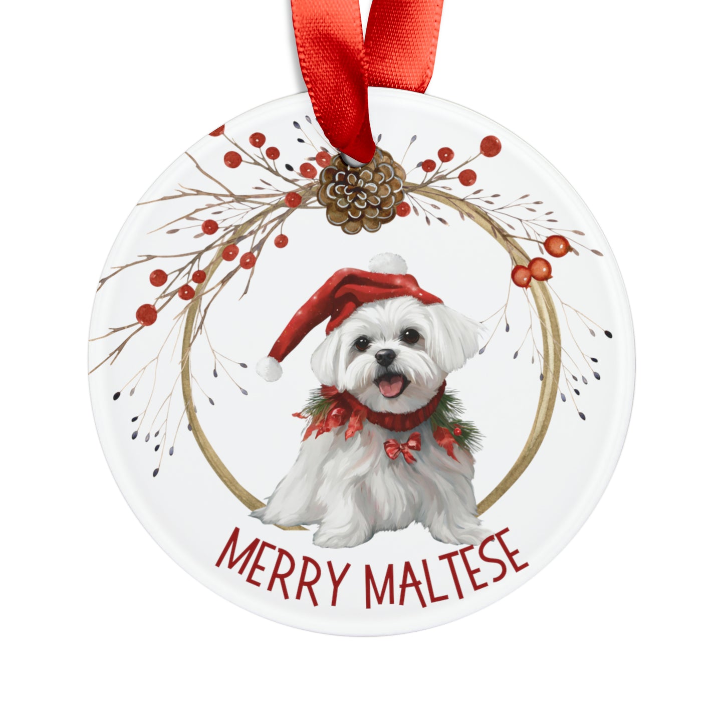 Merry Maltese Holiday Ornament with Ribbon
