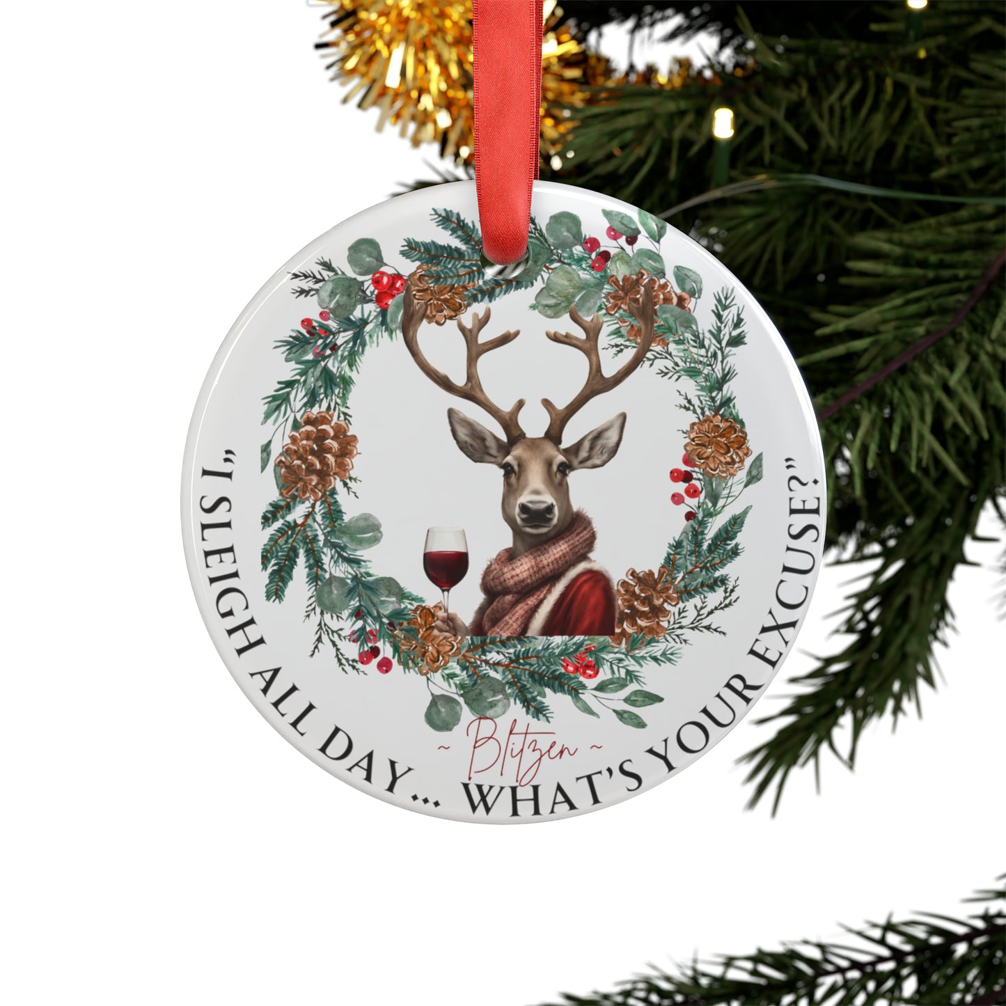 Blitzen Reindeer Ornament with Ribbon