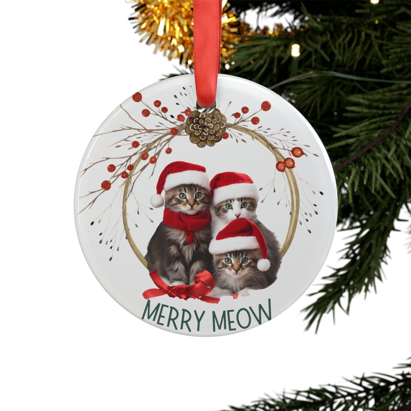Meow Holiday Ornament with Ribbon