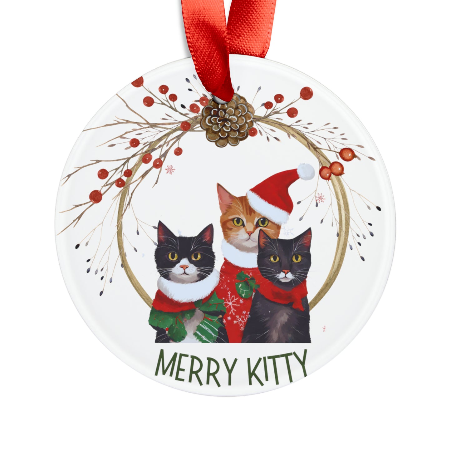 Merry Kitty Holiday Ornament with Ribbon