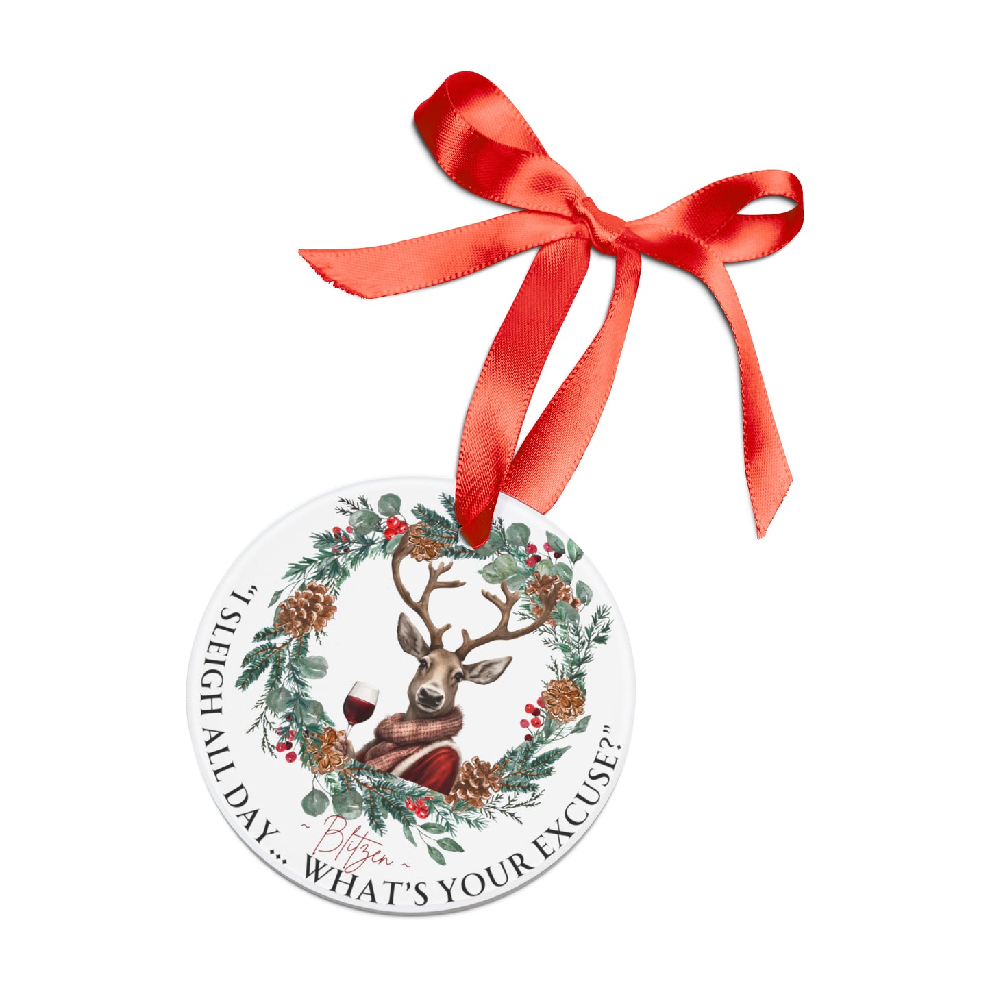 Blitzen Reindeer Ornament with Ribbon