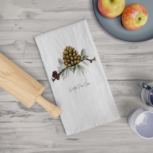 Handpainted Winter Pine Cone Tea Towels