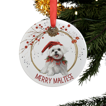Merry Maltese Holiday Ornament with Ribbon